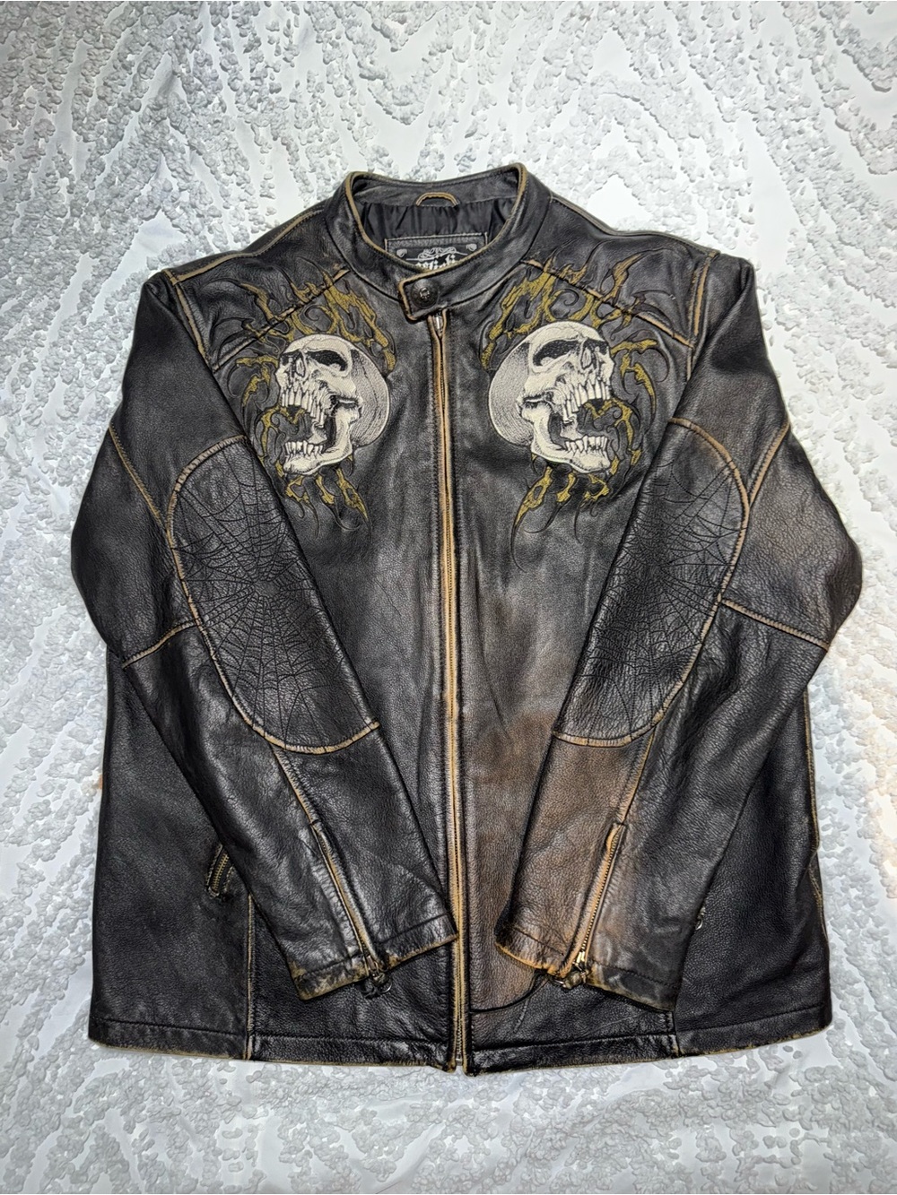 Affliction Black Leather Bomber Jacket with Skull Flame Artwork